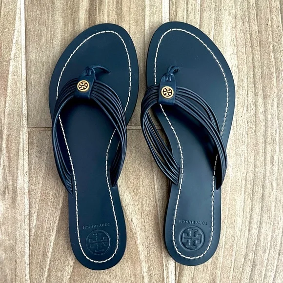 Tory Burch Navy Leather Multi-Strap Thong Sandals with Gold Logo - Picture 1 of 3